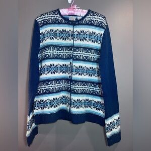 Ugly Christmas Sweater Field Gear Lambswool Nordic Fair Isle Cardigan Blue White